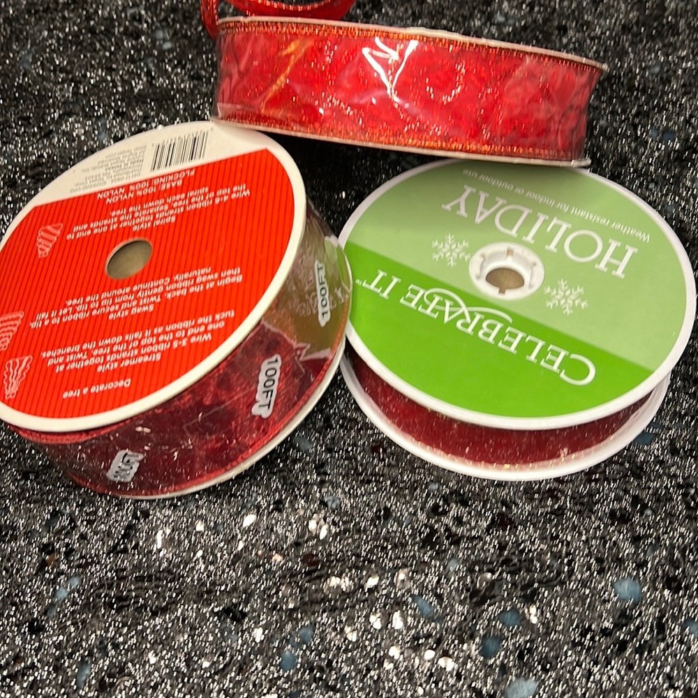 3 large rolls of red wired ribbon